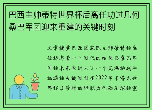 巴西主帅蒂特世界杯后离任功过几何桑巴军团迎来重建的关键时刻