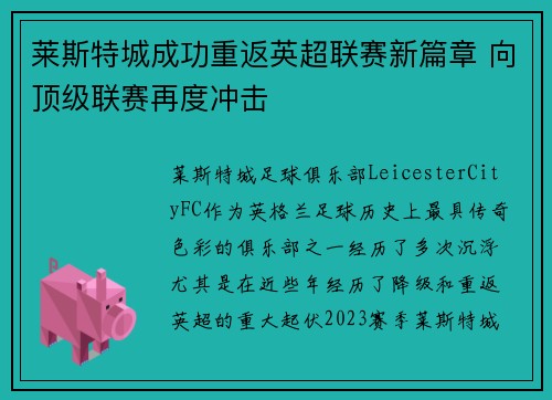莱斯特城成功重返英超联赛新篇章 向顶级联赛再度冲击 莱斯特城成功重返英超联赛新篇章 向顶级联赛再度冲击