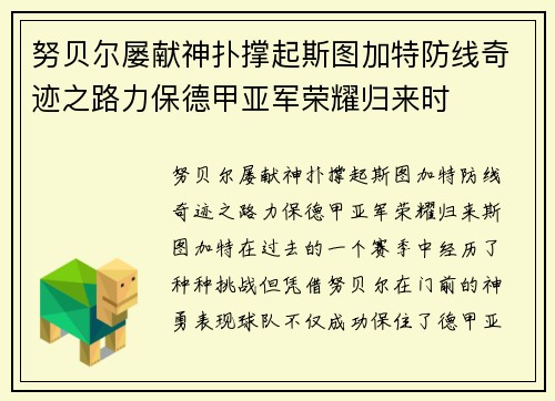 努贝尔屡献神扑撑起斯图加特防线奇迹之路力保德甲亚军荣耀归来时